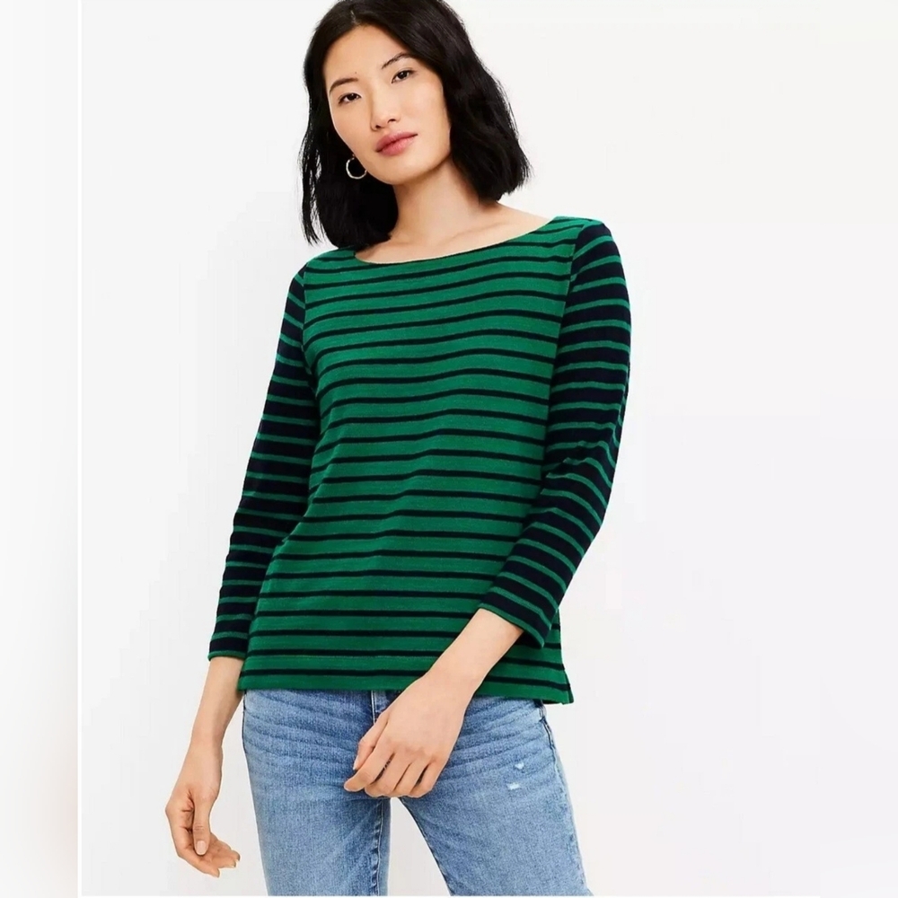 LOFT Striped Harbor Tee 3/4 Sleeve Top Light Sweater Green & Navy